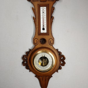 Mid 20th Century Art Deco Weather Station Barometer Thermometer in Carved Wood and Beveled Glass Amazing piece