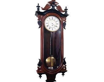 1855  Wall Lenzkirch Clock with with one weight and many finials Wooden mechanical regulator clock with pendulum