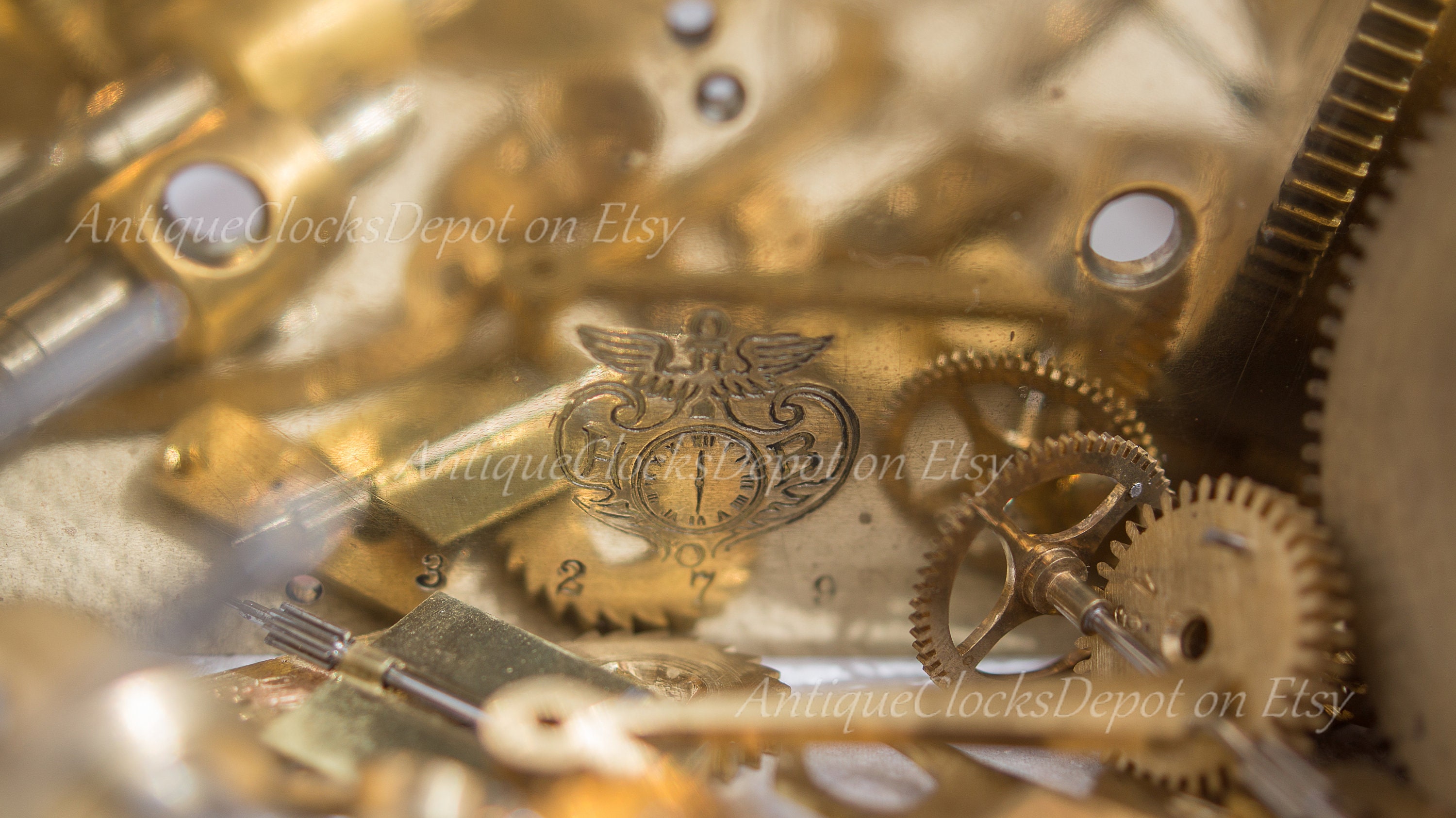 One photo of bronze clock parts in Gold color Close-up Bronze mechanical watch clock movement - Instant Digital Download