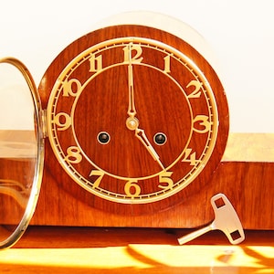 Mechanical French windup mantle table clock with pendulum Vintage wooden buffet clock Beautiful gong
