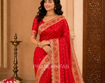 Red Banarasi Silk Saree with Floral Zari Border,Designer Indian Wedding Saree,Traditional Bridal Saree,Festive Party Wear Saree