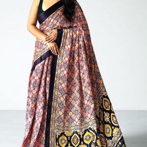Pure Gaji Silk  Saree,Printed Ajrakh Saree,Wedding Saree,Saree For Women