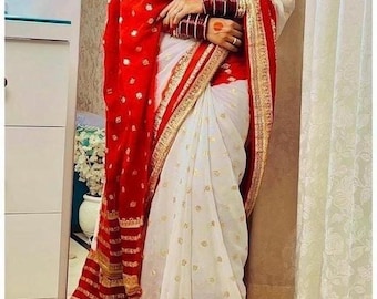 White & Red Viscose Saree: Indian Wedding Designer Saree