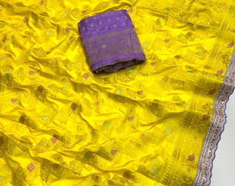 Yellow Dola Silk Saree,Traditional Indian Silk Saree,Wedding Guest Saree,Festive Ethnic Wear,Designer Sari
