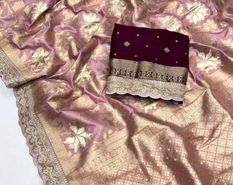 Sari de seda color oro champán de diseñador, sari tejido floral con blusa de contraste, sari de boda indio, sari para fiestas festivas.