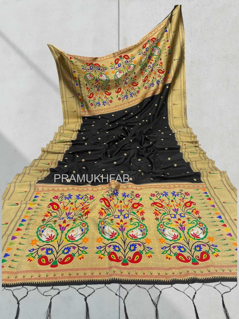 Premium Soft Silk Paithani Dupatta , Munia Border & Meenakari Pallu , Wedding Wear Dupata Black