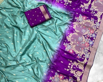 Pure Dola Silk Saree, Zari Weaving, Contrast Blouse