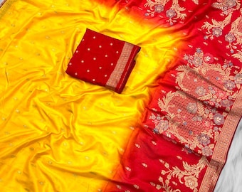 Yellow & Red Banarasi Silk Saree with Floral Zari Weaving,Designer Indian Wedding Saree,Traditional Festive Saree,Bridal Party Wear Saree