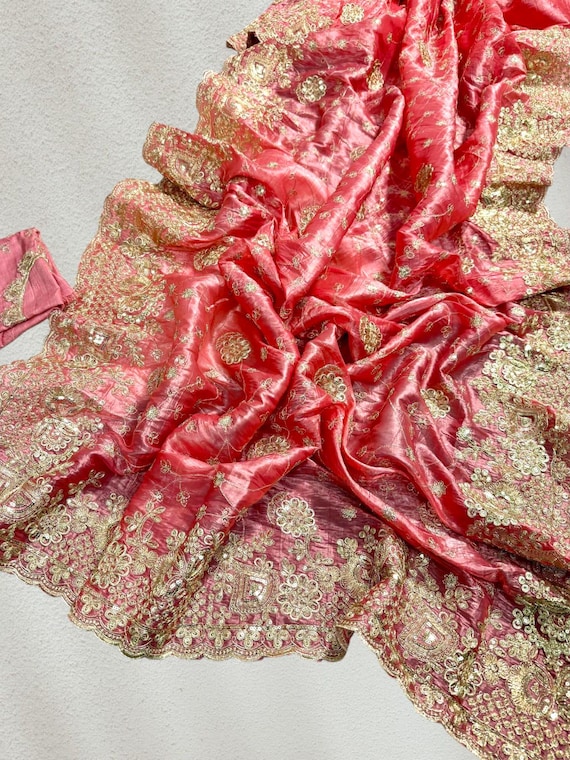 Gold Crush Silk Embroidered Saree: Designer Party Wear with Heavy Embroidery