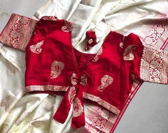 White & Red Viscose Saree: Indian Wedding Designer Saree