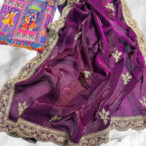 Elegent Satin Silk Embroidered Saree,Designer Shimmering Saree,Party Wear Saree