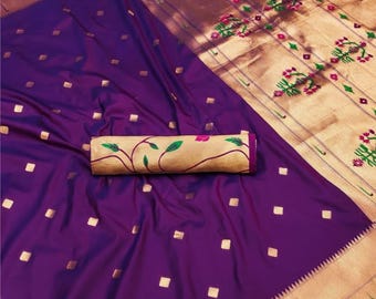 Paithani jedwabne sari z pawiem Pallu, ręcznie tkane Meenakari Zari sari, tradycyjne sari ślubne Maharashtrian, designerskie świąteczne sari jedwabne