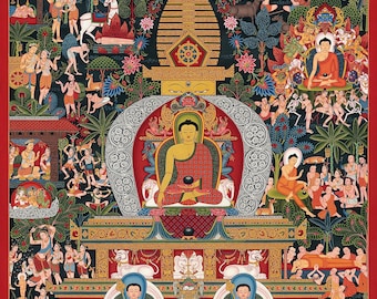 May include: A colorful Tibetan Buddhist painting depicting the Buddha in a meditative pose surrounded by various figures and symbols. The painting is done in a traditional style with intricate details and vibrant colors.