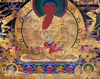 May include: A traditional Tibetan Buddhist thangka painting depicting a red-skinned Buddha seated in meditation with a golden halo. The Buddha is surrounded by smaller figures and intricate floral patterns.