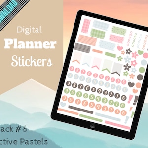Könnte beinhalten: Digitale Planer-Aufkleber in einem Pastellfarbschema. Die Aufkleber umfassen Washi-Tape, Zahlen, Pfeile, Herzen, Blumen und andere dekorative Elemente. Pack #6: Produktive Pastelle.