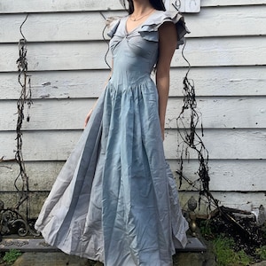 Vintage 1930s 1940s Dress | 30s 40s Taffeta Floor Length Evening Gown | Vintage Tiered Dress | Flutter Sleeve Evening Dress