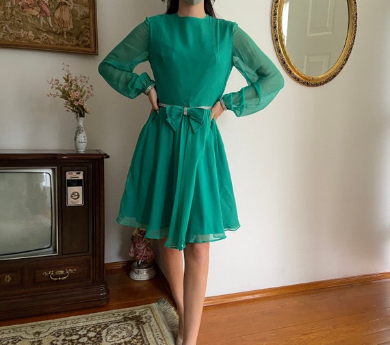 Vintage 1960s Chiffon Dress | 60s Green Rhineston… - image 1