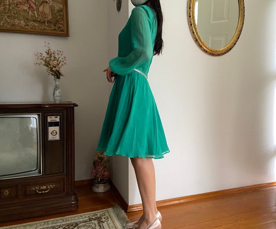 Vintage 1960s Chiffon Dress | 60s Green Rhineston… - image 4