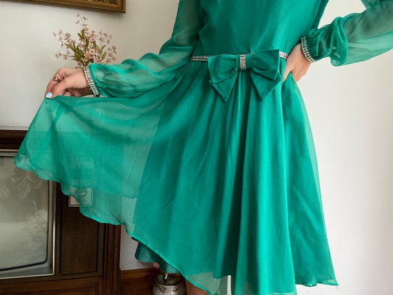 Vintage 1960s Chiffon Dress | 60s Green Rhineston… - image 5