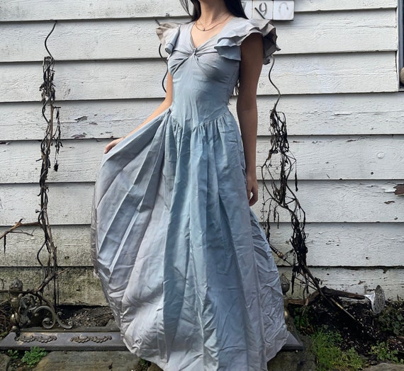 40s blue dress Blue 1940s Solid Short Sleeves Lapel Dress