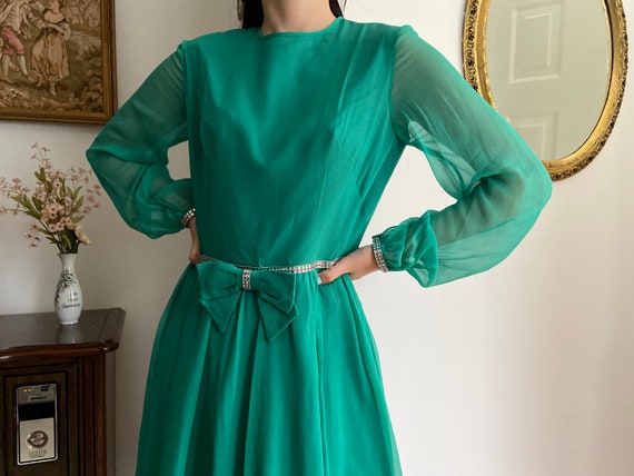 Vintage 1960s Chiffon Dress | 60s Green Rhineston… - image 8