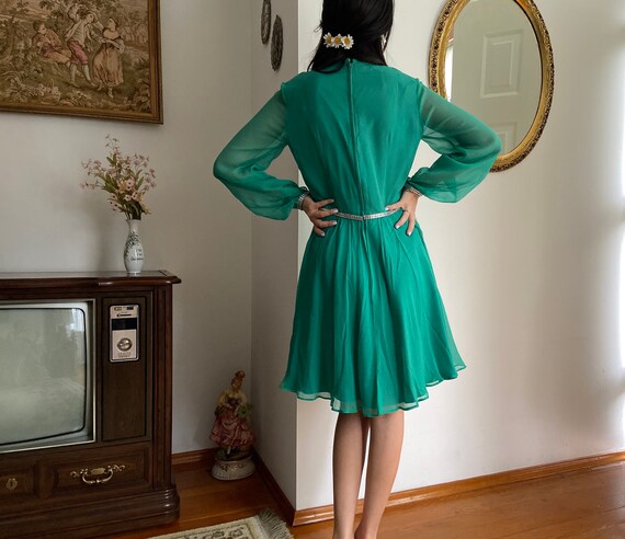 Vintage 1960s Chiffon Dress | 60s Green Rhineston… - image 7
