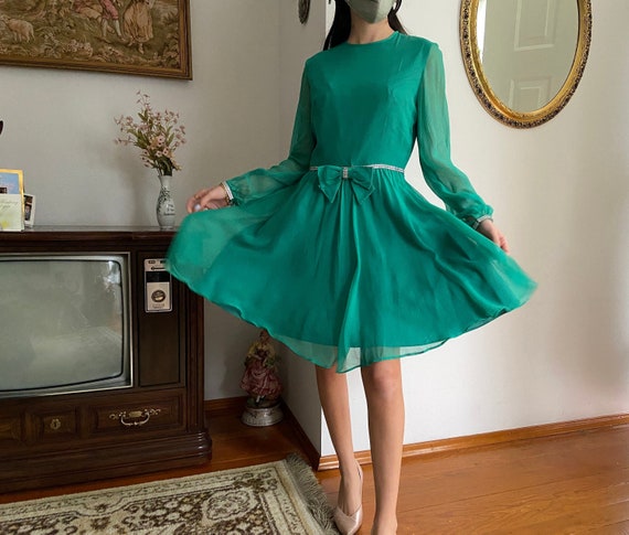 Vintage 1960s Chiffon Dress | 60s Green Rhineston… - image 2