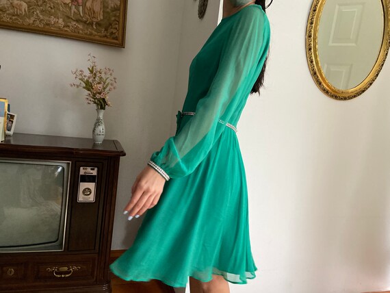 Vintage 1960s Chiffon Dress | 60s Green Rhineston… - image 3