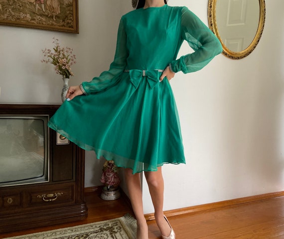 Vintage 1960s Chiffon Dress | 60s Green Rhineston… - image 9