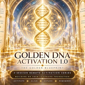 Pode incluir: Um gráfico digital intitulado GOLDEN DNA ACTIVATION 1.0 THE GOLDEN BLUEPRINT. Apresenta uma fita de DNA dourada brilhante no centro de um salão ornamentado com pilares, cristais e texto incluindo GOD GOLD PRINT, CODES OF AH, MERKABA, LIGHT BODY, DIVINE BLUEPRINT, GOLDEN STRANDS, AURIC TEMPLATES, EXPANDED CONSCIOUSNESS, 3-SESSION REMOTE ACTIVATION SERIES, BUILDING ON YOUR 12-STRAND FOUNDATION, ACTIVATE, ALIGN, EXPAND, REMEMBER.