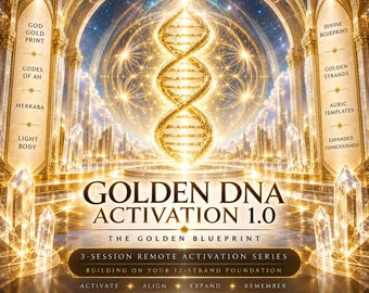 May include: A digital graphic titled GOLDEN DNA ACTIVATION 1.0 THE GOLDEN BLUEPRINT. It features a glowing golden DNA strand centered in an ornate hall with pillars, crystals, and text including GOD GOLD PRINT, CODES OF AH, MERKABA, LIGHT BODY, DIVINE BLUEPRINT, GOLDEN STRANDS, AURIC TEMPLATES, EXPANDED CONSCIOUSNESS, 3-SESSION REMOTE ACTIVATION SERIES, BUILDING ON YOUR 12-STRAND FOUNDATION, ACTIVATE, ALIGN, EXPAND, REMEMBER.