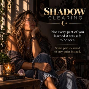 May include: A person with long wavy hair wearing a dark sweater and blue jeans, adorned with beaded bracelets and a moon pendant necklace. The image features the text SHADOW CLEARING, Not every part of you learned it was safe to be seen. Some parts learned to stay quiet instead.