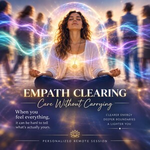 May include: A digital graphic featuring a person meditating in a lotus position, surrounded by a glowing energy sphere and light waves. Text reads: EMPATH CLEARING, Care Without Carrying, When you feel everything, it can be hard to tell what's actually yours, CLEARER ENERGY, DEEPER BOUNDARIES, A LIGHTER YOU, PERSONALIZED REMOTE SESSION.