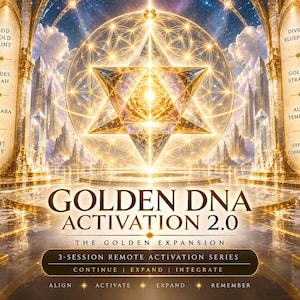Op de afbeelding: Een digitale afbeelding met een gloeiende gouden ster en geometrische patronen. De tekst luidt: GOLDEN DNA ACTIVATION 2.0, THE GOLDEN EXPANSION, 3-SESSION REMOTE ACTIVATION SERIES, CONTINUE, EXPAND, INTEGRATE, ALIGN, ACTIVATE, EXPAND, REMEMBER, GOD GOLD PRINT, CODES OF AH, MERKABA, LIGHT BODY, DIVINE BLUEPRINT, GOLDEN STRANDS, AURIC TEMPLATES, EXPANDED CONSCIOUSNESS.