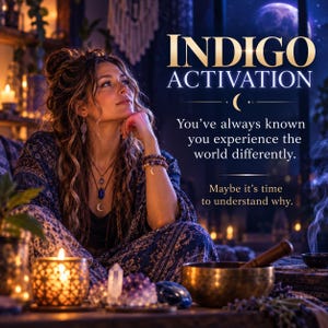 Peut inclure: Un graphique avec le texte INDIGO ACTIVATION, You’ve always known you experience the world differently. Maybe it’s time to understand why. L'image montre une personne portant une robe bleue à motifs, des colliers superposés, des bracelets, une bougie, des cristaux et un bol chantant.