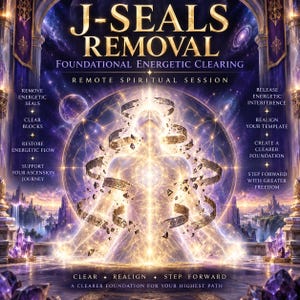 Puede incluir: Un gráfico digital titulado J-SEALS REMOVAL FOUNDATIONAL ENERGETIC CLEARING REMOTE SPIRITUAL SESSION. Presenta una silueta humana brillante y translúcida rodeada de bandas metálicas giratorias y energía cósmica púrpura con texto.