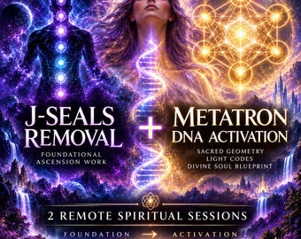 Puede incluir: Un gráfico digital con una silueta de chakras brillantes y una persona de cabello fluido, centrado por una cadena de ADN. El texto dice: J-SEALS REMOVAL, METATRON DNA ACTIVATION, SACRED GEOMETRY LIGHT CODES DIVINE SOUL BLUEPRINT, 2 REMOTE SPIRITUAL SESSIONS.