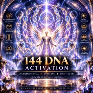 Könnte beinhalten: Eine digitale Illustration mit einer zentralen geflügelten Figur, umgeben von leuchtenden DNA-Strängen und kosmischen Symbolen. Der Text lautet 144 DNA ACTIVATION, MULTIDIMENSIONAL OVERSOUL LIGHT CODES REMOTE SPIRITUAL SESSION und EXPAND BEYOND WHAT YOU THOUGHT WAS POSSIBLE.