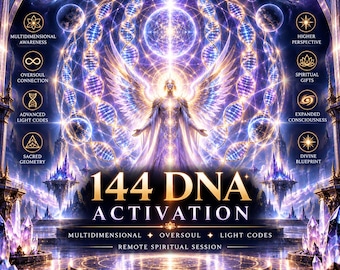 May include: A digital illustration featuring a central winged figure surrounded by glowing DNA strands and cosmic symbols. Text reads 144 DNA ACTIVATION, MULTIDIMENSIONAL OVERSOUL LIGHT CODES REMOTE SPIRITUAL SESSION, and EXPAND BEYOND WHAT YOU THOUGHT WAS POSSIBLE.