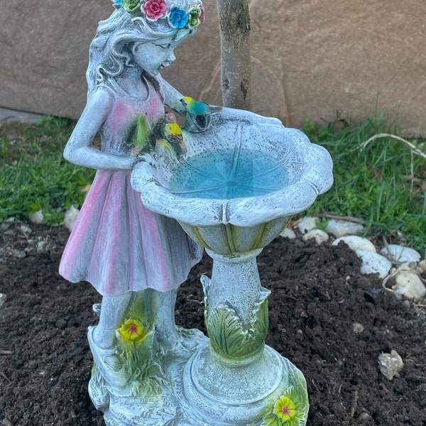 Solar girl bird bath sculpture