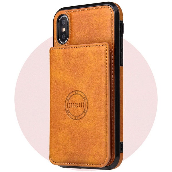 iPhone 12 Leather case plus wallet, iPhone 12 Pro Max magnet case, Personalized Fathers day gift iPhone 12 mini cover with card holder Camel