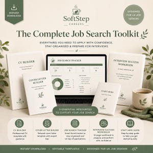 Op de afbeelding: Een digitale toolkit voor het zoeken naar werk met een laptop die een jobtracker toont, omringd door gedrukte gidsen waaronder een cv-bouwer, sollicitatiebrief-bouwer, interview-werkboek en een startgids, allemaal met een groen bladlogo.