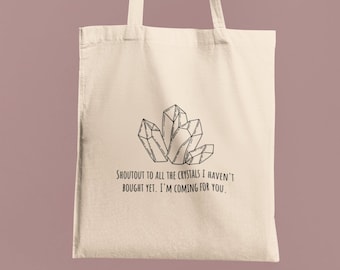 Healing Crystals Quote Tote Bag, Spiritual Tote Bag, Crystals Bag, Rose Quartz Amethyst Energy, Gemstones gift, Crystals, Crystals quotes