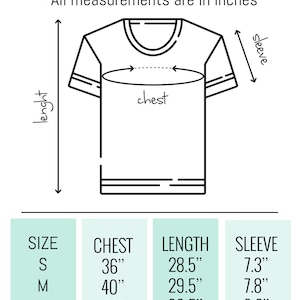 May include: T-shirt size chart with measurements in inches for sizes S, M, L, XL, and XXL. The chart shows the chest, length, and sleeve measurements for each size.