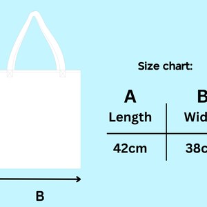 May include: A white tote bag with two handles and a size chart showing dimensions. The chart displays A Length as 42cm and B Width as 38cm. The bag is rectangular with a flat base and vertical orientation, presented against a light blue background.