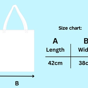 May include: White tote bag with a size chart showing the length is 42 cm and the width is 38 cm.