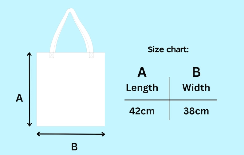 May include: White tote bag with a size chart showing the length is 42 cm and the width is 38 cm.