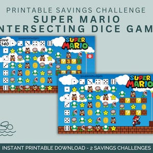 May include: Two printable Super Mario-themed savings challenges. The design features dice, coins, stars, and characters from the game. The text reads "Printable Savings Challenge Super Mario Intersecting Dice Game" and "Instant Printable Download - 2 Savings Challenges."