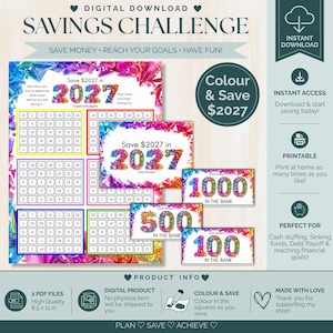 May include: Digital download savings challenge with colorful geometric designs. Includes printable sheets to save $2027. Features a color-in-the-squares format, with options for $100, $500, and $1000 savings goals. Perfect for cash stuffing and debt payoff.