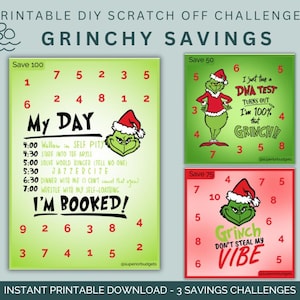 Puede incluir: Desafíos de ahorro imprimibles para rascar con el tema del Grinch. La imagen muestra tres diseños, cada uno con un objetivo de ahorro diferente y el personaje del Grinch con un gorro de Papá Noel. Cada diseño tiene una cita única.